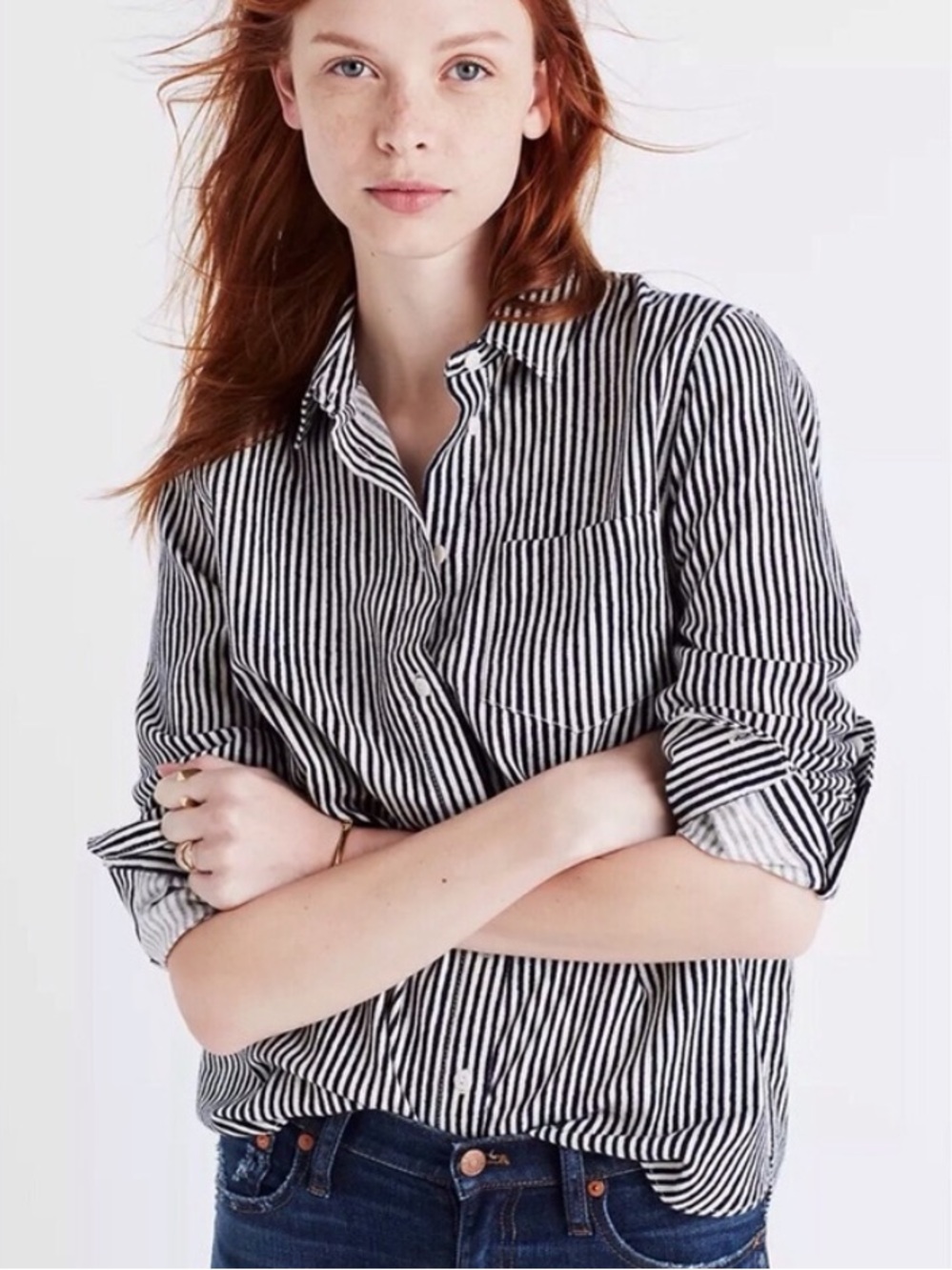 Madewell Black and White Vertical Stripe Button-Down Cotton Flannel Shirt Small